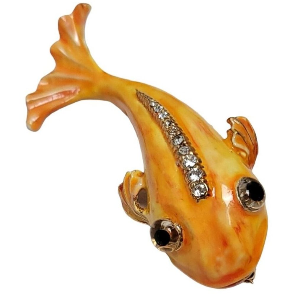 Hollycraft Rhinestone Yellow Enamel Glass Eye Fish Brooch, Signed